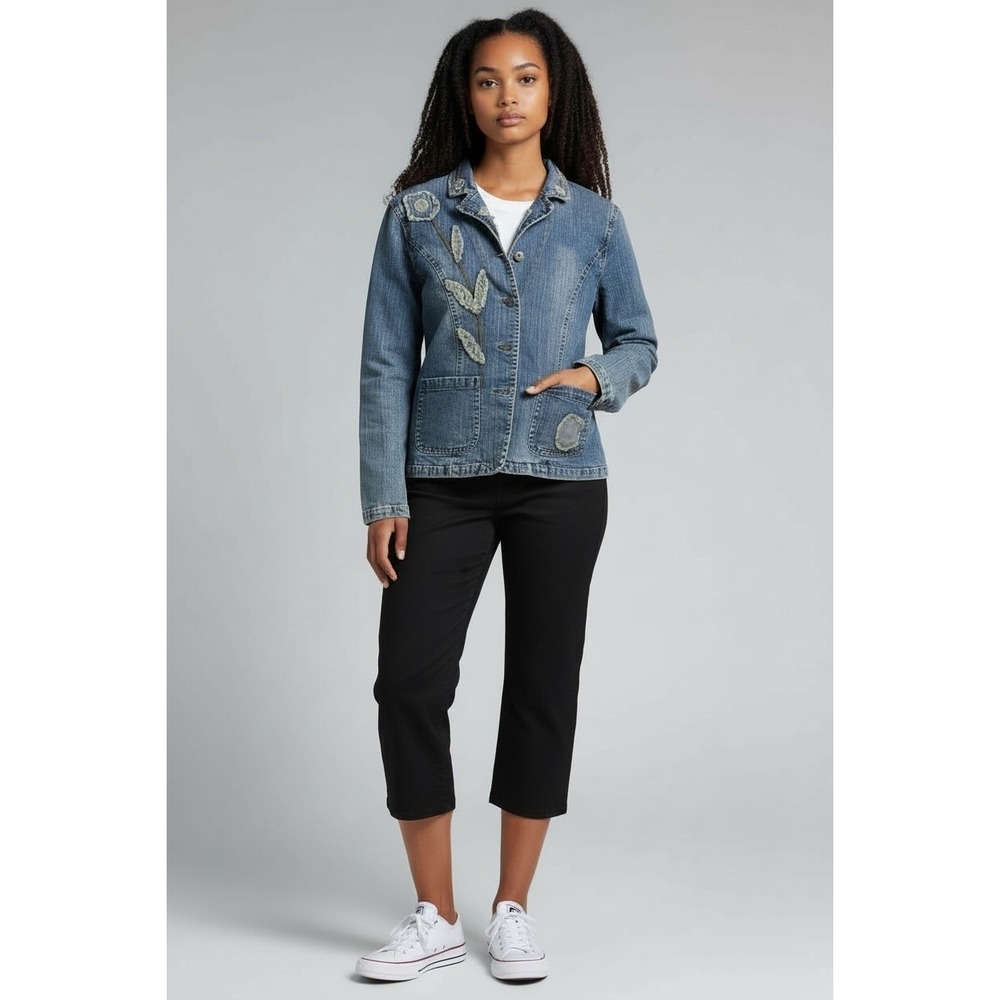 Comfort Denim Women Blue Jean Jacket Embellished‎ Button Front Blazer Boho SZ M